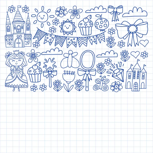 Vector pattern for little girls. Princess illustration for happy birthday party. Blackboard chalk illustration — Stock Vector