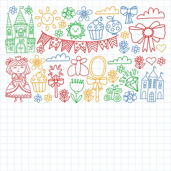 Prinses illustratie voor een gelukkig verjaardagsfeest. Kinderen illustratie. Vector patroon voor kleine meisjes. — Stockvector