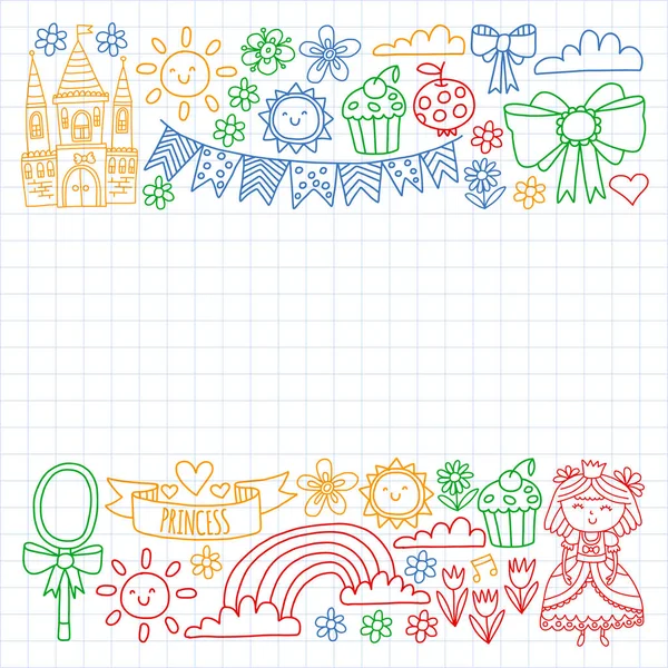 Prinzessin Illustration für Happy Birthday Party. Kinderillustration. Vektormuster für kleine Mädchen. — Stockvektor