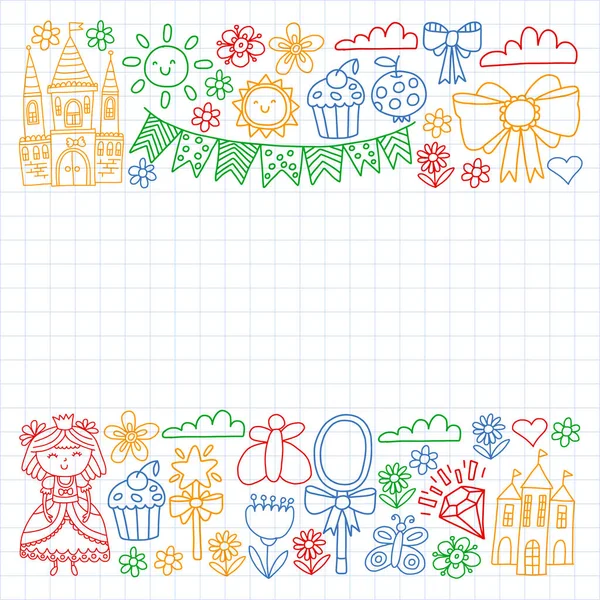 Prinses illustratie voor een gelukkig verjaardagsfeest. Kinderen illustratie. Vector patroon voor kleine meisjes. — Stockvector