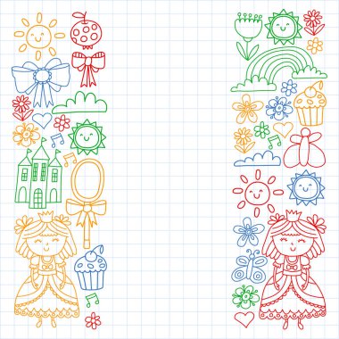 Mutlu yıllar partisi için prenses illüstrasyonu. Çocuk çizimi. Küçük kızlar için vektör deseni.