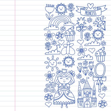 Mutlu yıllar partisi için prenses illüstrasyonu. Çocuk çizimi. Küçük kızlar için vektör deseni.