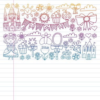 Mutlu yıllar partisi için prenses illüstrasyonu. Çocuk çizimi. Küçük kızlar için vektör deseni.