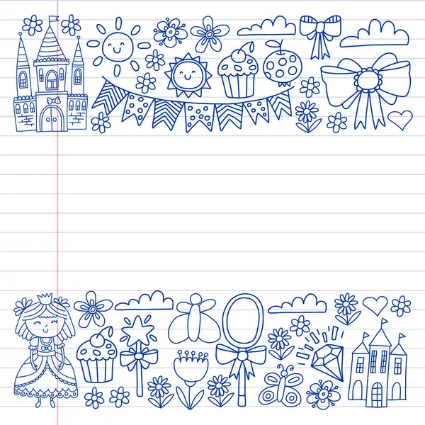 Princesa ilustración para la fiesta de cumpleaños feliz. Ilustración infantil. Patrón vectorial para niñas . — Archivo Imágenes Vectoriales