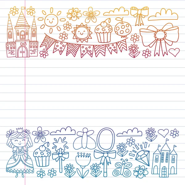 Prinzessin Illustration für Happy Birthday Party. Kinderillustration. Vektormuster für kleine Mädchen. — Stockvektor