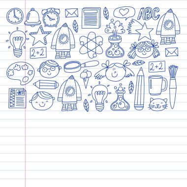 Çevrimiçi eğitim kavramı. Küçük çocuklar, üniversite, internet kursları için vektör simgeleri ve elementler. Doodle tarzı, çocuklar çiziyor..