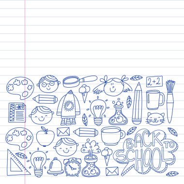 Çevrimiçi eğitim kavramı. Küçük çocuklar, üniversite, internet kursları için vektör simgeleri ve elementler. Doodle tarzı, çocuklar çiziyor..