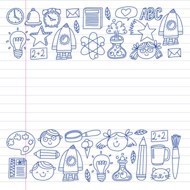 Çevrimiçi eğitim kavramı. Küçük çocuklar, üniversite, internet kursları için vektör simgeleri ve elementler. Doodle tarzı, çocuklar çiziyor..