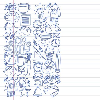 Çevrimiçi eğitim kavramı. Küçük çocuklar, üniversite, internet kursları için vektör simgeleri ve elementler. Doodle tarzı, çocuklar çiziyor..