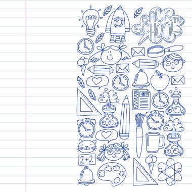 Çevrimiçi eğitim kavramı. Küçük çocuklar, üniversite, internet kursları için vektör simgeleri ve elementler. Doodle tarzı, çocuklar çiziyor..