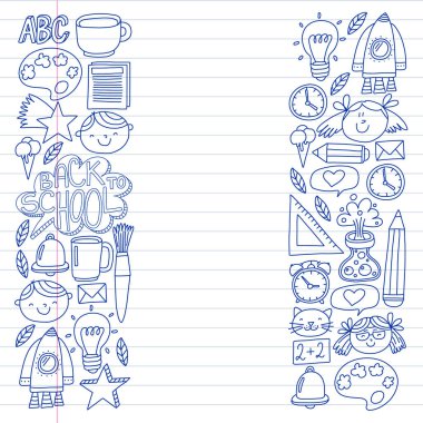 Çevrimiçi eğitim kavramı. Küçük çocuklar, üniversite, internet kursları için vektör simgeleri ve elementler. Doodle tarzı, çocuklar çiziyor..