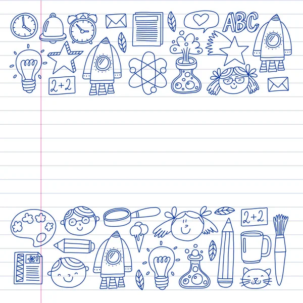 Concept d'éducation en ligne. Icônes vectorielles et des éléments pour les petits enfants, collège, cours sur Internet. Doodle style, dessin pour enfants . — Image vectorielle