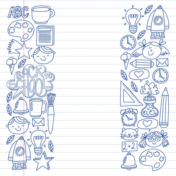 Çevrimiçi eğitim kavramı. Küçük çocuklar, üniversite, internet kursları için vektör simgeleri ve elementler. Doodle tarzı, çocuklar çiziyor..