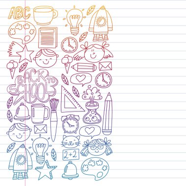 Posterler, afişler, kapaklar için okul ikonlarına geri dönün. Çocuklar, çocuk eğitimi. İnternet dersleri, e-öğrenme, online kurs. Vektör deseni.