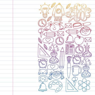 Posterler, afişler, kapaklar için okul ikonlarına geri dönün. Çocuklar, çocuk eğitimi. İnternet dersleri, e-öğrenme, online kurs. Vektör deseni.