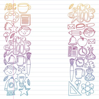 Posterler, afişler, kapaklar için okul ikonlarına geri dönün. Çocuklar, çocuk eğitimi. İnternet dersleri, e-öğrenme, online kurs. Vektör deseni.