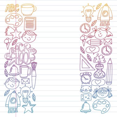 Posterler, afişler, kapaklar için okul ikonlarına geri dönün. Çocuklar, çocuk eğitimi. İnternet dersleri, e-öğrenme, online kurs. Vektör deseni.