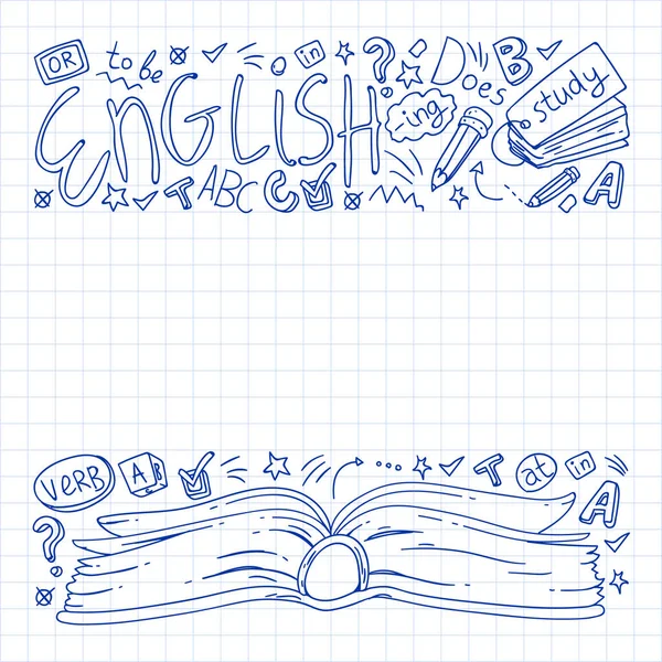 Cursussen Engels. Doodle vector concept illustratie van het leren van de Engelse taal. — Stockvector