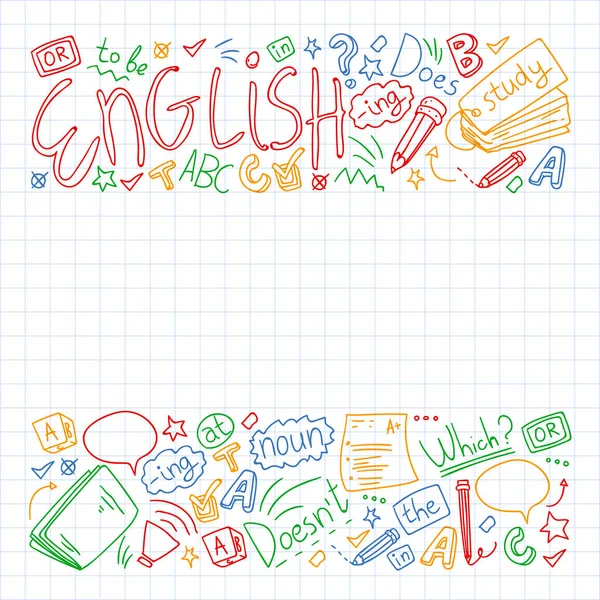 Cursos de inglês. Doodle vector concept ilustração da aprendizagem da língua inglesa . — Vetor de Stock