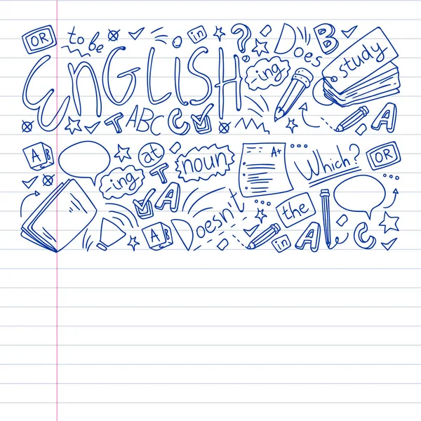 Englischkurse. Doodle-Vektor-Konzept Illustration des Lernens der englischen Sprache. — Stockvektor