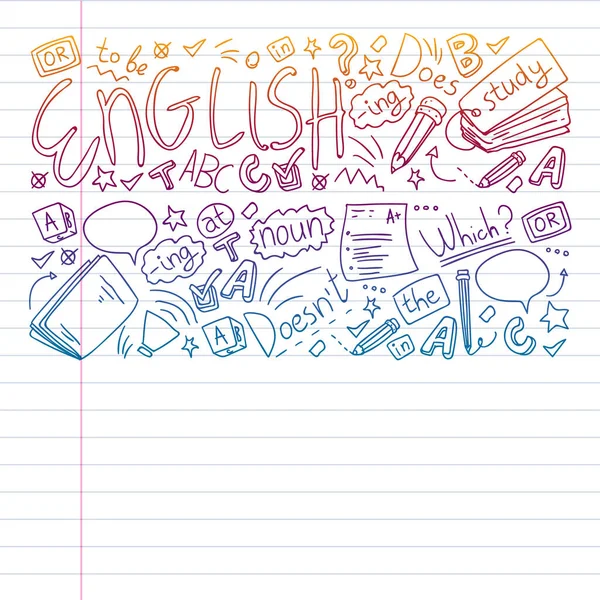 Cursos de inglés. Concepto vectorial de Doodle ilustración del aprendizaje del idioma inglés . — Vector de stock