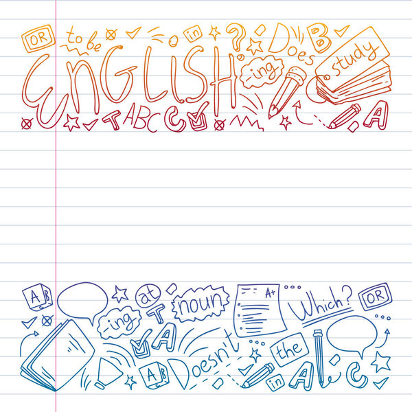 English courses. Doodle vector concept illustration of learning english language.
