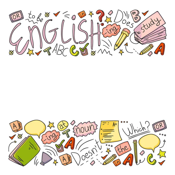 Cursos de inglés. Concepto vectorial de Doodle ilustración del aprendizaje del idioma inglés . — Vector de stock