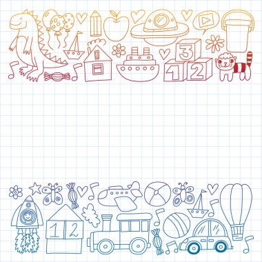 Anaokulu anaokulu çocukları. Çocuklar stil vektör modeli çiziyor. Birlikte büyümeyi öğrenin..