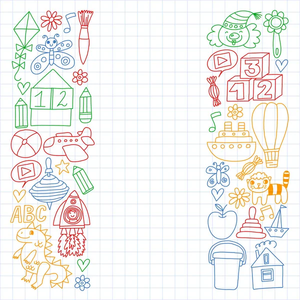 Kindergarten preschool school children. Kids drawing style vector pattern. Play grow learn together. — Stock Vector