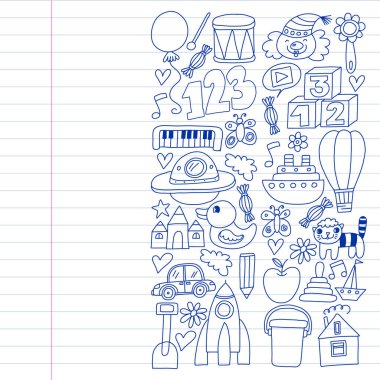 Anaokulu anaokulu çocukları. Çocuklar stil vektör modeli çiziyor. Birlikte büyümeyi öğrenin..