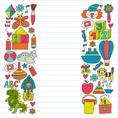 Anaokulu anaokulu çocukları. Çocuklar stil vektör modeli çiziyor. Birlikte büyümeyi öğrenin..