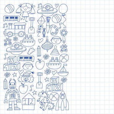 Anaokulu anaokulu çocukları. Çocuklar stil vektör modeli çiziyor. Birlikte büyümeyi öğrenin..