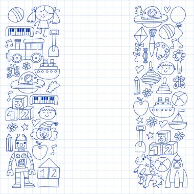 Anaokulu anaokulu çocukları. Çocuklar stil vektör modeli çiziyor. Birlikte büyümeyi öğrenin..