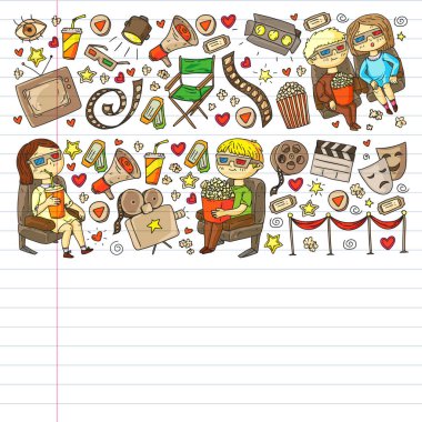 Ambalaj kağıdı, posterler, afişler, broşürler için vektör simgeleri ile Sinema deseni. 3d film, tv, müzikal.