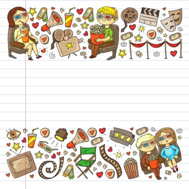 Ambalaj kağıdı, posterler, afişler, broşürler için vektör simgeleri ile Sinema deseni. 3d film, tv, müzikal.