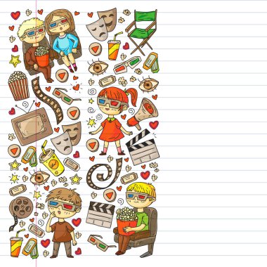 Ambalaj kağıdı, posterler, afişler, broşürler için vektör simgeleri ile Sinema deseni. 3d film, tv, müzikal.