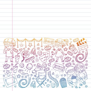 Ambalaj kağıdı, posterler, afişler, broşürler için vektör simgeleri ile Sinema deseni. 3d film, tv, müzikal.