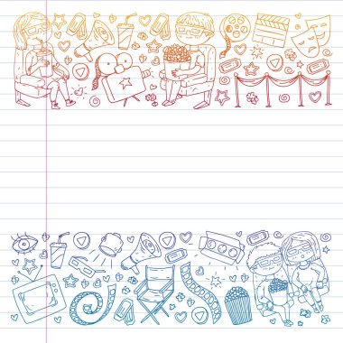 Ambalaj kağıdı, posterler, afişler, broşürler için vektör simgeleri ile Sinema deseni. 3d film, tv, müzikal.