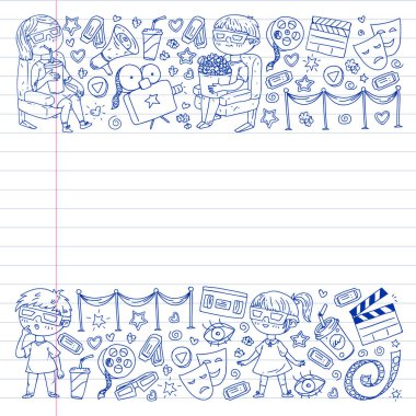 Ambalaj kağıdı, posterler, afişler, broşürler için vektör simgeleri ile Sinema deseni. 3d film, tv, müzikal.