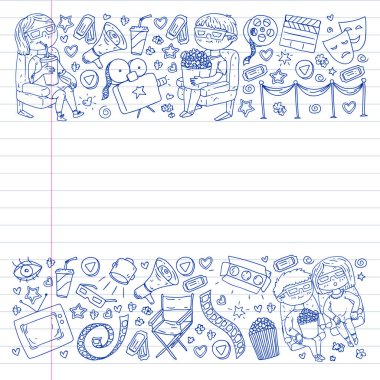 Ambalaj kağıdı, posterler, afişler, broşürler için vektör simgeleri ile Sinema deseni. 3d film, tv, müzikal.