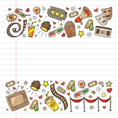 İnternet sinemasında ambalaj kağıtları, posterler, afişler ve broşürler için vektör simgeleri var. 3D film, televizyon, müzikal..