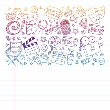 Boyama sayfası. İnternet sinemasında ambalaj kağıtları, posterler, afişler ve broşürler için vektör simgeleri var. 3D film, televizyon, müzikal..