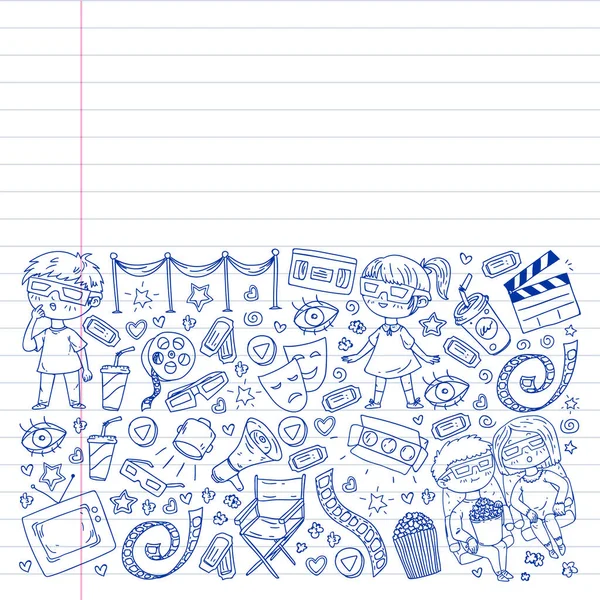 Ambalaj kağıdı, posterler, afişler, broşürler için vektör simgeleri ile Sinema deseni. 3d film, tv, müzikal.