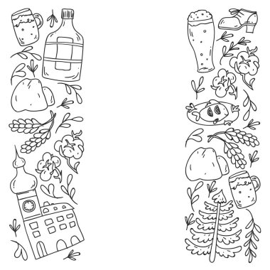 Çek Cumhuriyeti sembollü vektör deseni. Turizm ikonları ve peyzaj elementleriyle kurulmuş. Ülkeye seyahat. Şehir, katedral, bina, Avrupa mimarisi. Tarihi işaretli illüstrasyon