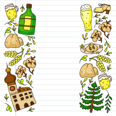 Çek Cumhuriyeti sembollü vektör deseni. Turizm ikonları ve peyzaj elementleriyle kurulmuş. Ülkeye seyahat. Şehir, katedral, bina, Avrupa mimarisi. Tarihi işaretli illüstrasyon