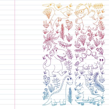 Desen çocuk kumaş, tekstil, kreş duvar kağıdı. Vektör illüstrasyon. El çizilmiş dinozorlar, küçük çocuklar için dino.