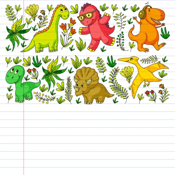 Mönster barn tyg, textil, plantskola tapet. Vektor illustration. Handritade dinosaurier, Dino för små barn. — Stock vektor