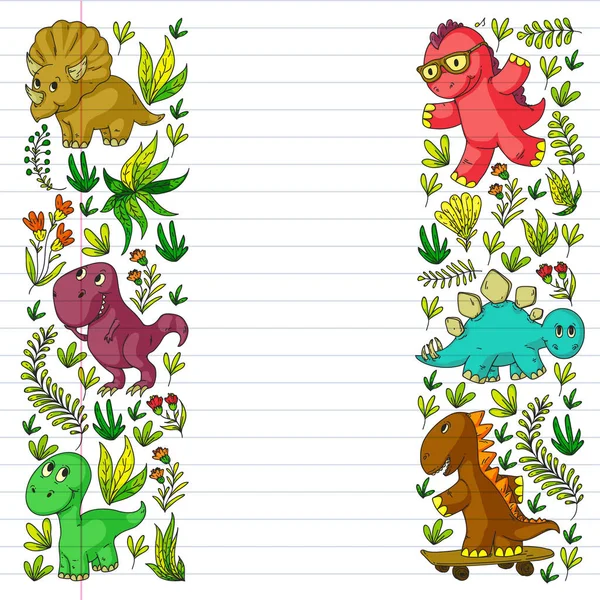 Patrón de tela para niños, textil, papel pintado de vivero. Ilustración vectorial. Dinosaurios dibujados a mano, dino para niños pequeños . — Vector de stock