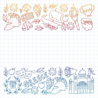 Yunanistan. Ağ, internet, pankart ve posterler için geleneksel Yunan kültürünün sembollerini taşıyan vektör deseni. Eski tarih, tapınaklar, sanatlar. Partenon.