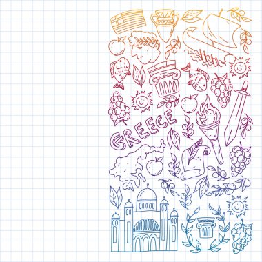 Yunanistan. Ağ, internet, pankart ve posterler için geleneksel Yunan kültürünün sembollerini taşıyan vektör deseni. Eski tarih, tapınaklar, sanatlar. Partenon.